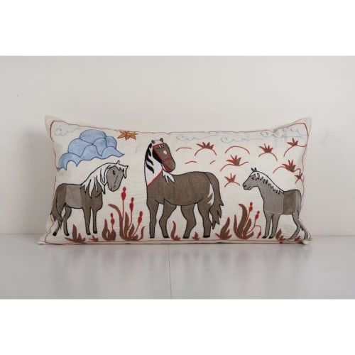 King Bed Vintage Cotton Suzani Pillow Cover with Animal Patt | Pillows by Vintage Pillows Store