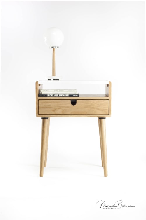 Mid Century Nightstand Drawer in Walnut & Carrara Marble Top | Storage by Manuel Barrera Habitables