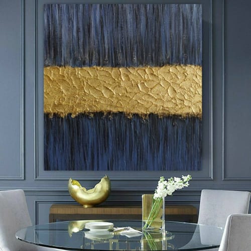 Navy blue wall art original gold leaf wall art gold skyline | Oil And Acrylic Painting in Paintings by Serge Bereziak (Berez)