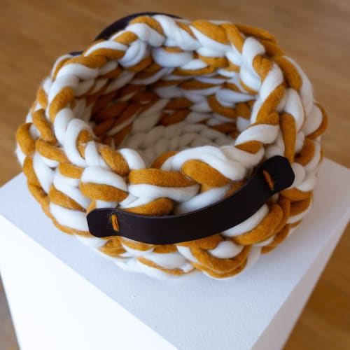Chunky Mustard Woven Basket | Vases & Vessels by Keyaiira | leather + fiber | Artist Studio in Santa Rosa