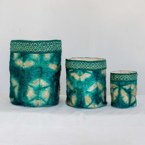Wild Silk Shibori Baskets-Turtle Pattern - Emerald & Natural | Storage by Tanana Madagascar