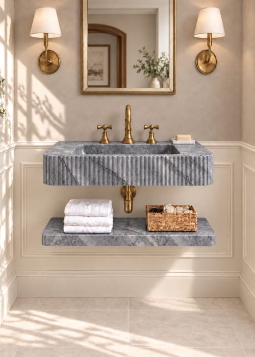 Bardiglio Grey Marble Floating Sink with Shelf | Water Fixtures by Vero Marble