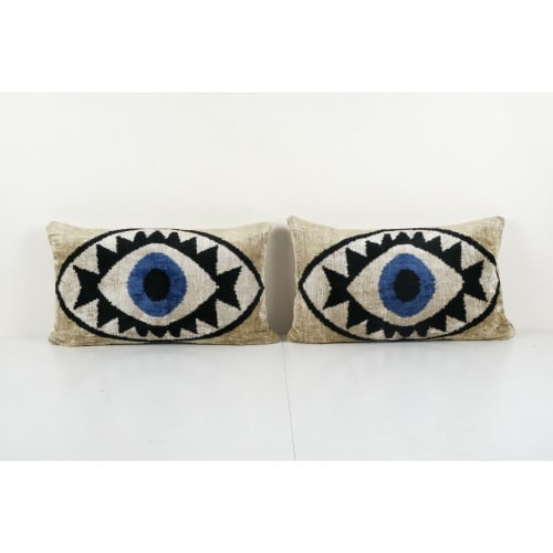 Ikat Eye Beige Pillow Cover - Handloom Blue Silk Ikat Velvet | Linens & Bedding by Vintage Pillows Store