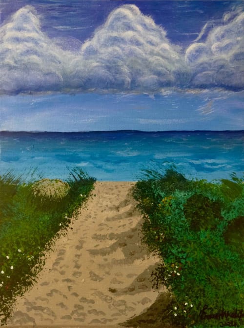 Edge of Calm - Framed Original Coastal Pathway Seascape Painting | Oil And Acrylic Painting in Paintings by Eman's Gallery