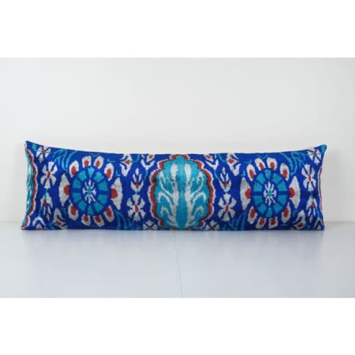 Blue Ikat Velvet Pillow, Silk Velvet Bedding Lumbar Pillow, | Pillows by Vintage Pillows Store
