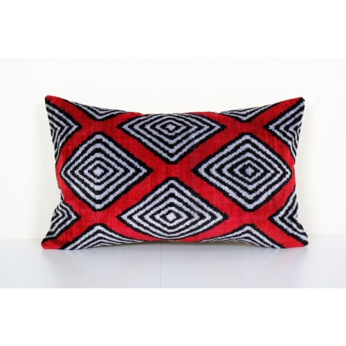 Silk Ikat Velvet Pillow, Red and Beige Velvet Lumbar Cushion | Linens & Bedding by Vintage Pillows Store