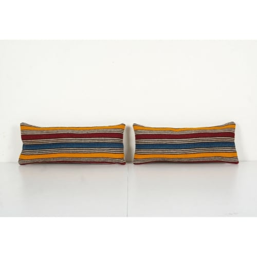 Set of Two Striped Turkish Kilim Pillow, Pair Yellow | Linens & Bedding by Vintage Pillows Store