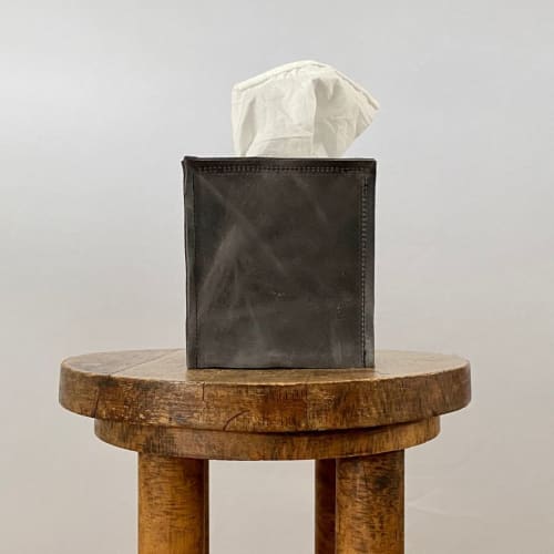 Charcoal Grey Leather Single Tissue Box Cover | Decorative Box in Decorative Objects by Vantage Design