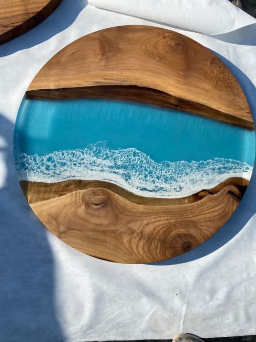 Round Blue Walnut Epoxy Resin River Rustic Solid Coffee | Coffee Table in Tables by Tinella Wood