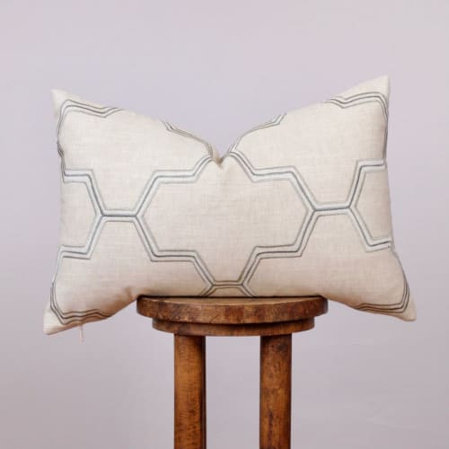 Teal, White & Tan Embroidered Honeycomb Lumbar Pillow 16x24 | Pillows by Vantage Design