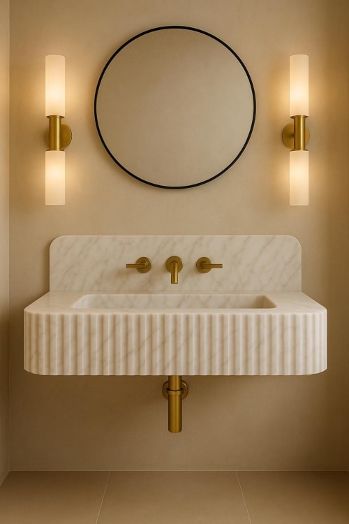 Floating Beige Marble Sink | Custom Wall Mounted Wash Basin | Water Fixtures by Vero Marble