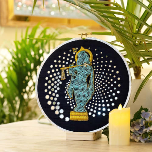Shri Krishna Crystallise Flute Icon Artwork For Spiritual, R | Embroidery in Wall Hangings by MagicSimSim
