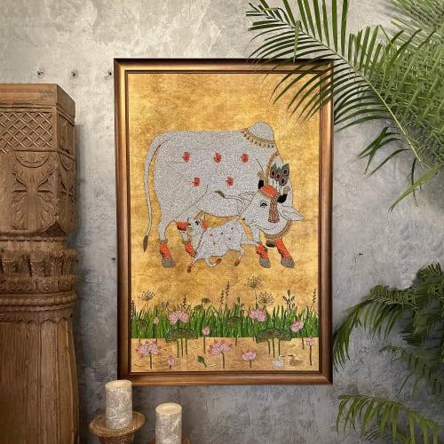 Surabhi Cow & Calf, The Goddess of Abundance. Handmade Bejew | Embroidery in Wall Hangings by MagicSimSim