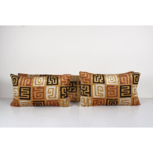 Colorful Ikat Velvet Pillow - Set of Two Lumbar Silk Cushion | Pillows by Vintage Pillows Store