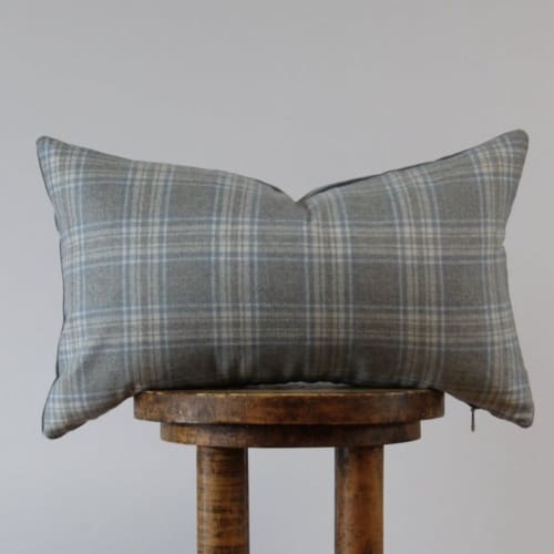 Blue Plaid Wool and Velvet Lumbar Pillow 12x20 | Pillows by Vantage Design