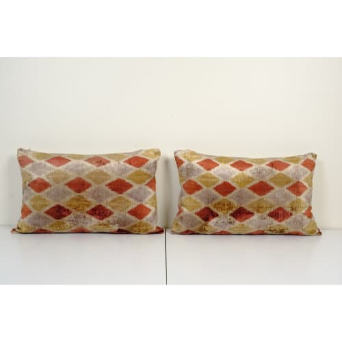 Set of Two Green Silk Ikat Velvet Pillow Cover, Pair Checker | Linens & Bedding by Vintage Pillows Store