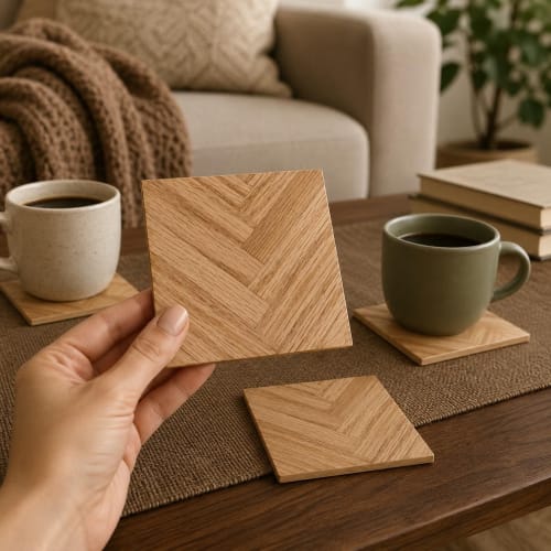 Oak Wood Veneer Marquetry Coasters, Geometric Pattern, Modern Coffee Table Decor (Set of 4) | Tableware by Vesta Corte