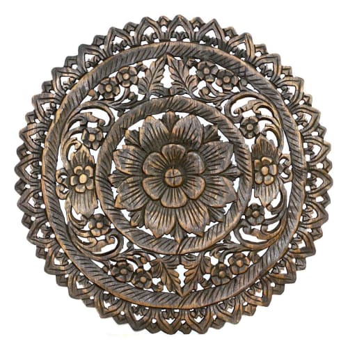 Haussmann® Teak Lotus Panel Inlay Round 60 cm H Black Stain | Engraving in Art & Wall Decor by Haussmann®