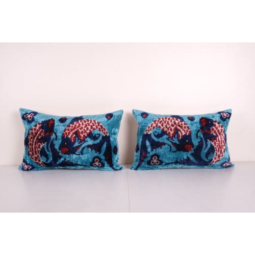 Pair Fish Silk Ikat Velvet Pillow, Set of Two Animal Ikat Lu | Pillows by Vintage Pillows Store