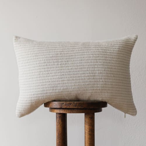 White Long Alpaca Wool with Stripe Lumbar Pillow 16x24 | Pillows by Vantage Design