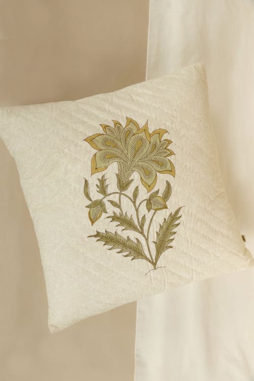 Green Oasis Block Print Cushion | Pillows by Ninéh