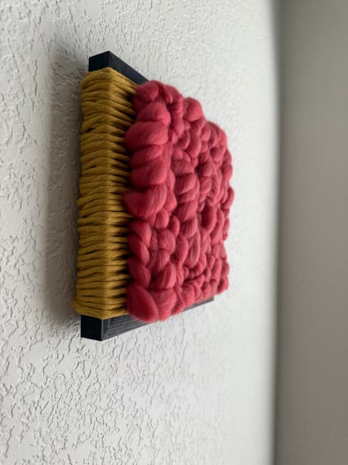 Woven Tile- Fluff- Mustard and Coral | Wall Sculpture in Wall Hangings by Mpwovenn Fiber Art by Mindy Pantuso