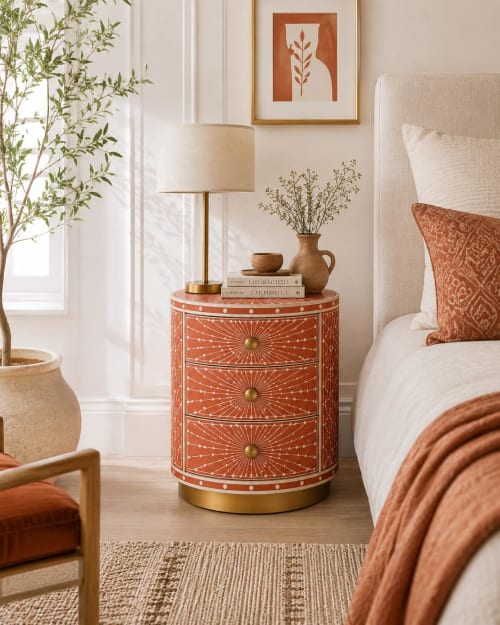 Handmade Bone Inlay Round Nightstand Sunburst Boho Bedside Table with Drawers | Storage by IKKAZA