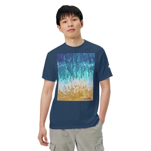 Unisex T-Shirt - Good Tidings - Fluid Blue Gold Ocean Art | Work by Eman's Gallery