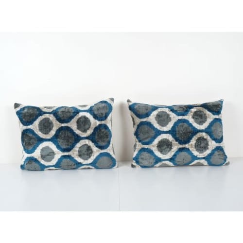 Blue Ikat Velvet Pillow, Set of Two Silk Lumbar Cushion Cove | Pillows by Vintage Pillows Store