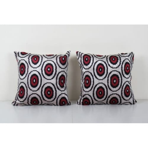 Square Silk Ikat Velvet Cushion Cover - Set of Two Red Polka | Pillows by Vintage Pillows Store