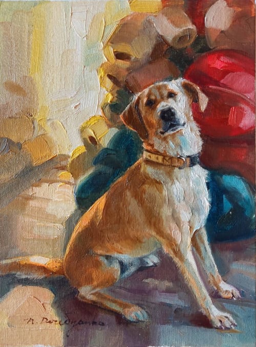 Custom pet portrait painting original 8x6, Red white dog | Oil And Acrylic Painting in Paintings by Natart