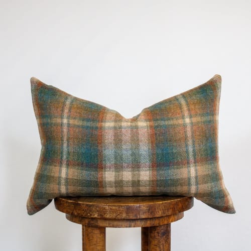 Multi-Colored Plaid Wool Lumbar Pillow 12x18 | Pillows by Vantage Design