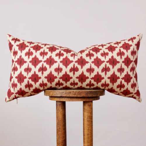 Red & Cream Ikat Print on Linen Lumbar Pillow 14x28 | Pillows by Vantage Design