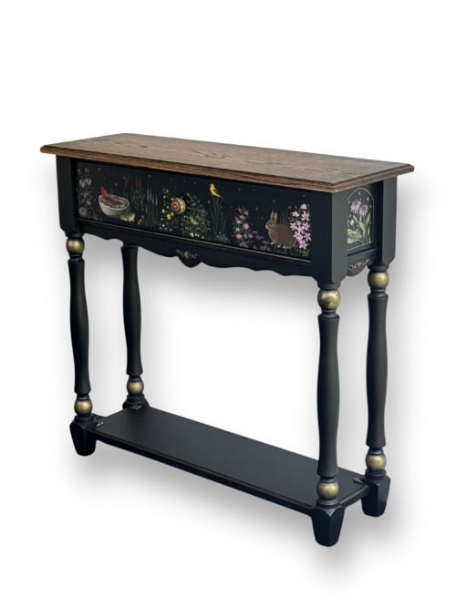 Hand-Painted Solid Wood Console Table – Custom Garden Scene Furniture, Black Entryway Console, Collectible Art | Tables by Alevtina G