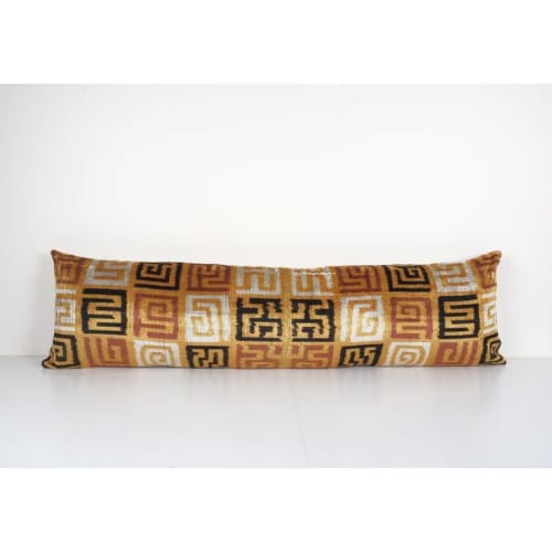 Silk Ikat Velvet Pillow, Extra Long Gold Silk Ikat Lumbar Cu | Pillows by Vintage Pillows Store