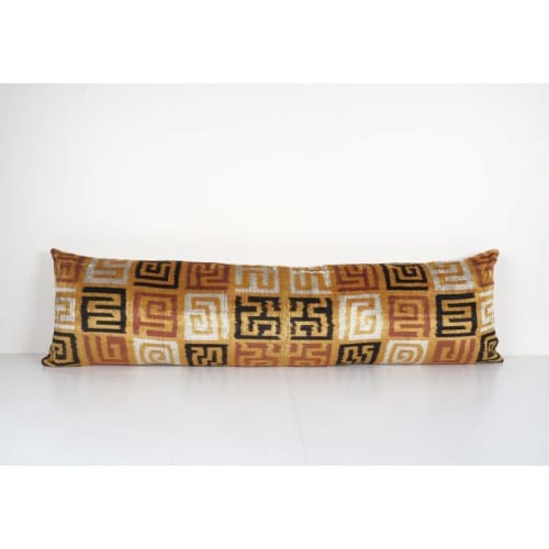Silk Ikat Velvet Pillow, Extra Long Gold Silk Ikat Lumbar Cu | Cushion in Pillows by Vintage Pillows Store