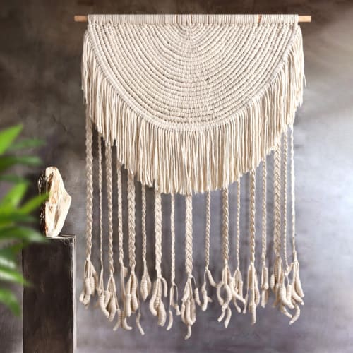Handwoven Ivory Wool Wall Hanging, Boho Minimalist Fringe Decor | Wall Hangings by Swiflo