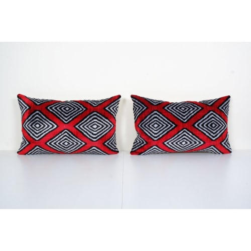 Set of Two Silk Ikat Velvet Pillow, Matching Red Uzbek Ikat | Linens & Bedding by Vintage Pillows Store
