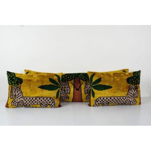 Tiger Design Ikat Velvet Pillow, Set of Three Gold Animal Ha | Pillows by Vintage Pillows Store