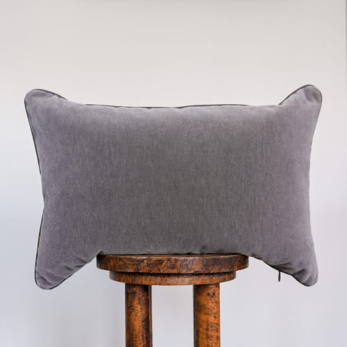Soft Grey Mohair with Grey Brown Leather Welt Pillow 16x24 | Pillows by Vantage Design