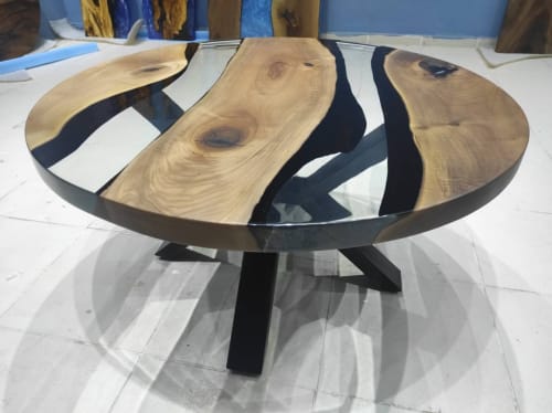 Custom Order 40" Diameter, Round Walnut Wood, Clear Epoxy | Dining Table in Tables by LuxuryEpoxyFurniture