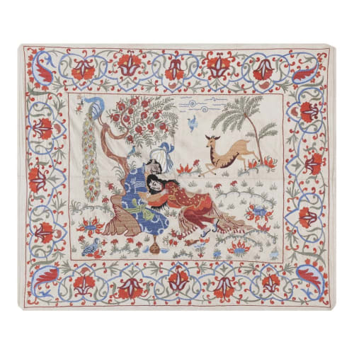 Vintage Folk Art Silk Human Pictorial Suzani From Uzbekistan | Linens & Bedding by Vintage Pillows Store
