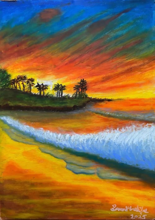 Day Blazed - Framed Original Oil Pastel Drawing - Tropical Sunset & Palm Tree | Drawings by Eman's Gallery