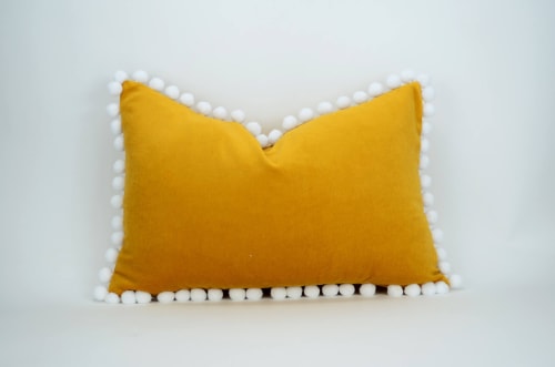 mustard pillow with pom poms // yellow pom pom cushion | Pillows by velvet + linen