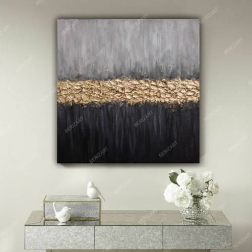 Gold leaf painting textured painting gray black painting | Paintings by Berez Art