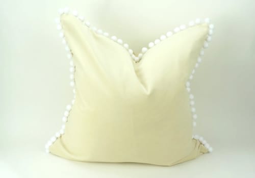 cream pom pom pillow // pom pom cushion // pom pom pillow | Pillows by Velvet Fringe