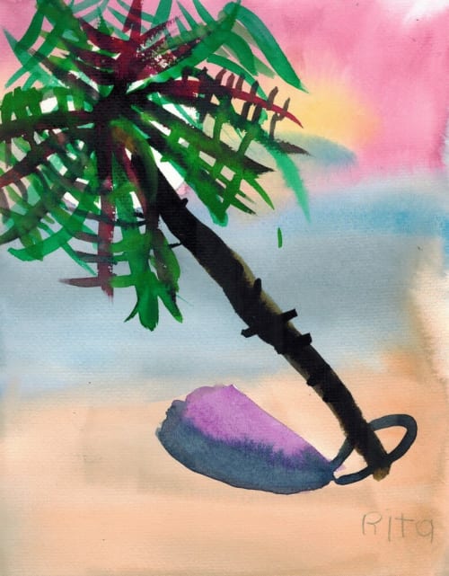 Palm Tree on the Beach - Original Watercolor | Watercolor Painting in Paintings by Rita Winkler - "My Art, My Shop" (original watercolors by artist with Down syndrome)