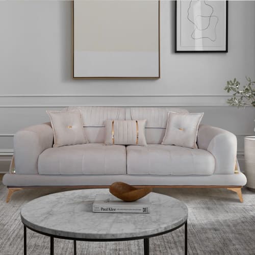 Un Begonia , 87''  Round Arm Sofa, Pearl White Velvet Uphols | Couches & Sofas by Art De Vie Furniture