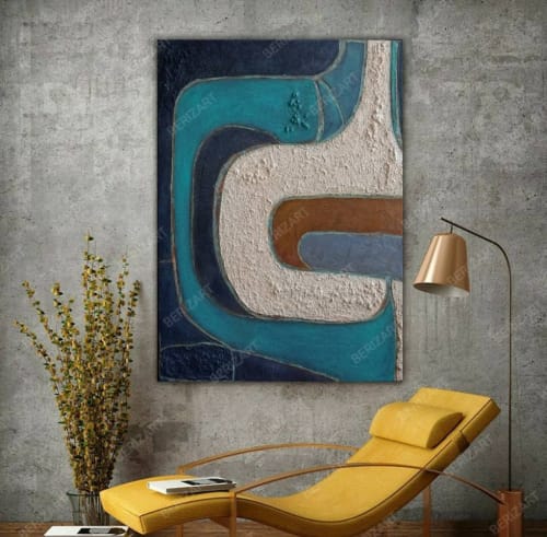 Large Abstract Mid Century Modern Painting Navy Blue White | Paintings by Berez Art