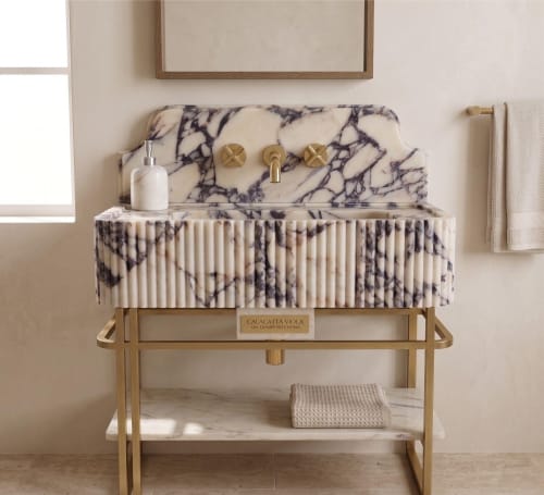 Calacatta Viola Marble Sink, Fluted Vanity, Backsplash, Luxury Powder Room | Water Fixtures by AYMARBLEDESIGN LLC